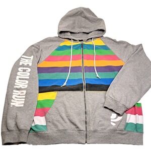 The Color Run‎ Hoodie Mens Large Rainbow Multi-Color Full Zip Sweatshirt Gray